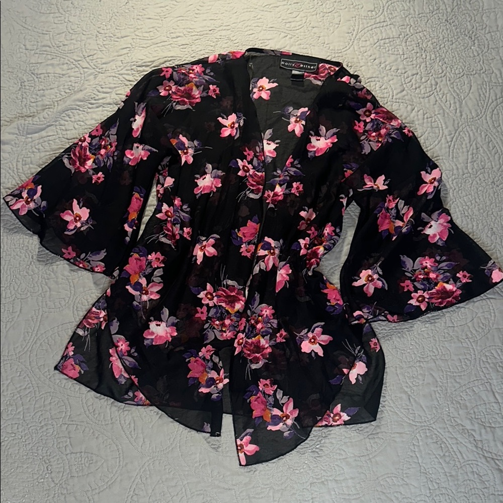 Polly & Esther Black and Pink Floral Tie Front Blouse